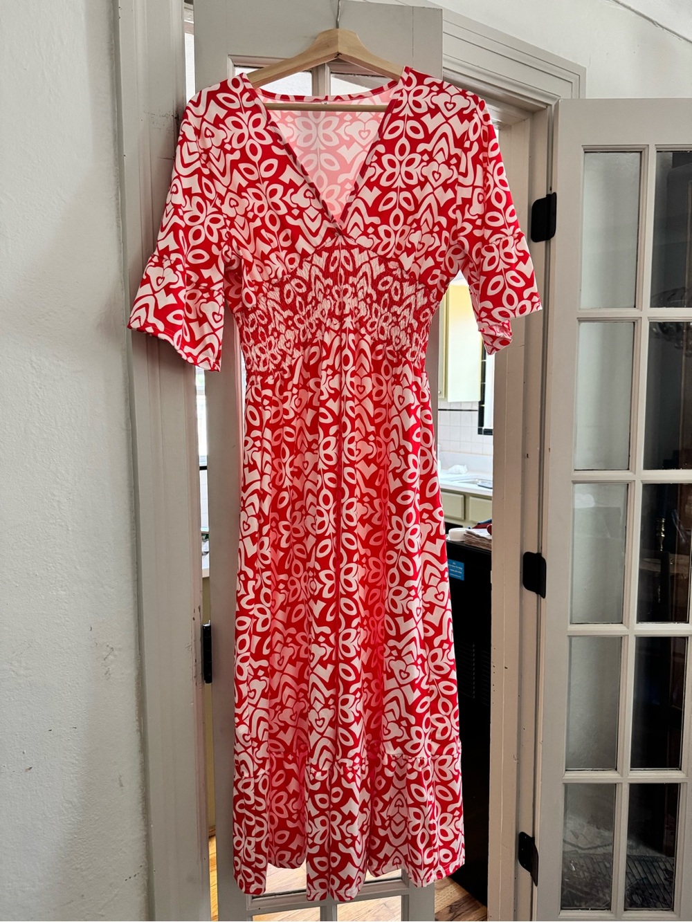 Red & White Printed V-Neck Midi Dress